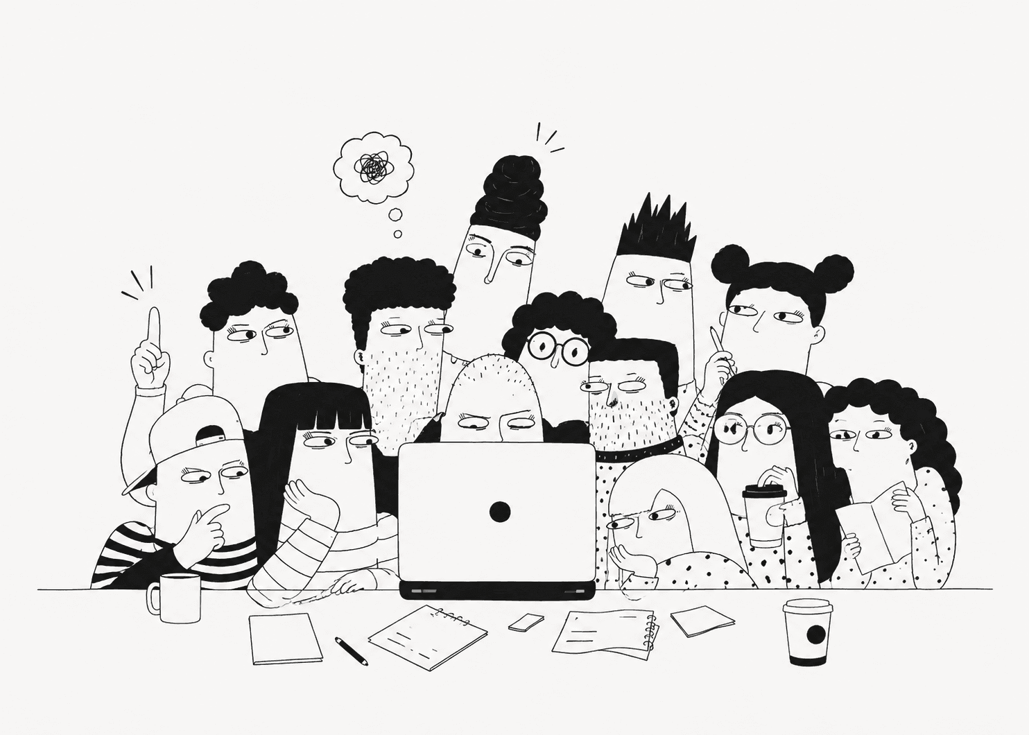 An illustrated team gathered around a laptop, sketching out ideas